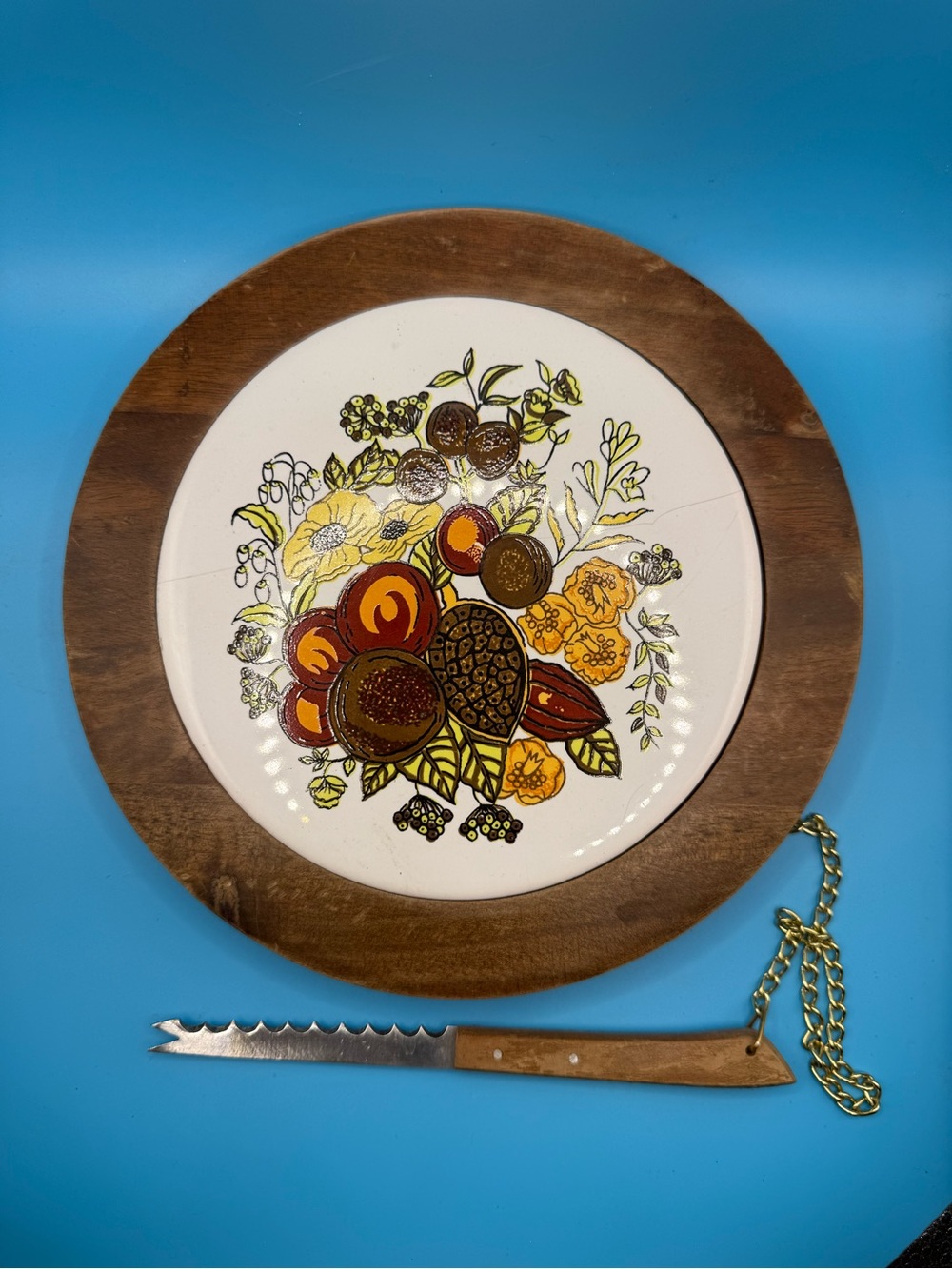 Vintage MCM ceramic and wood board with knife